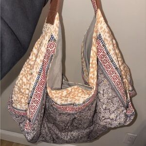 Free People Patchwork Hobo Shoulder Bag in Beige, Gray and Red Trim